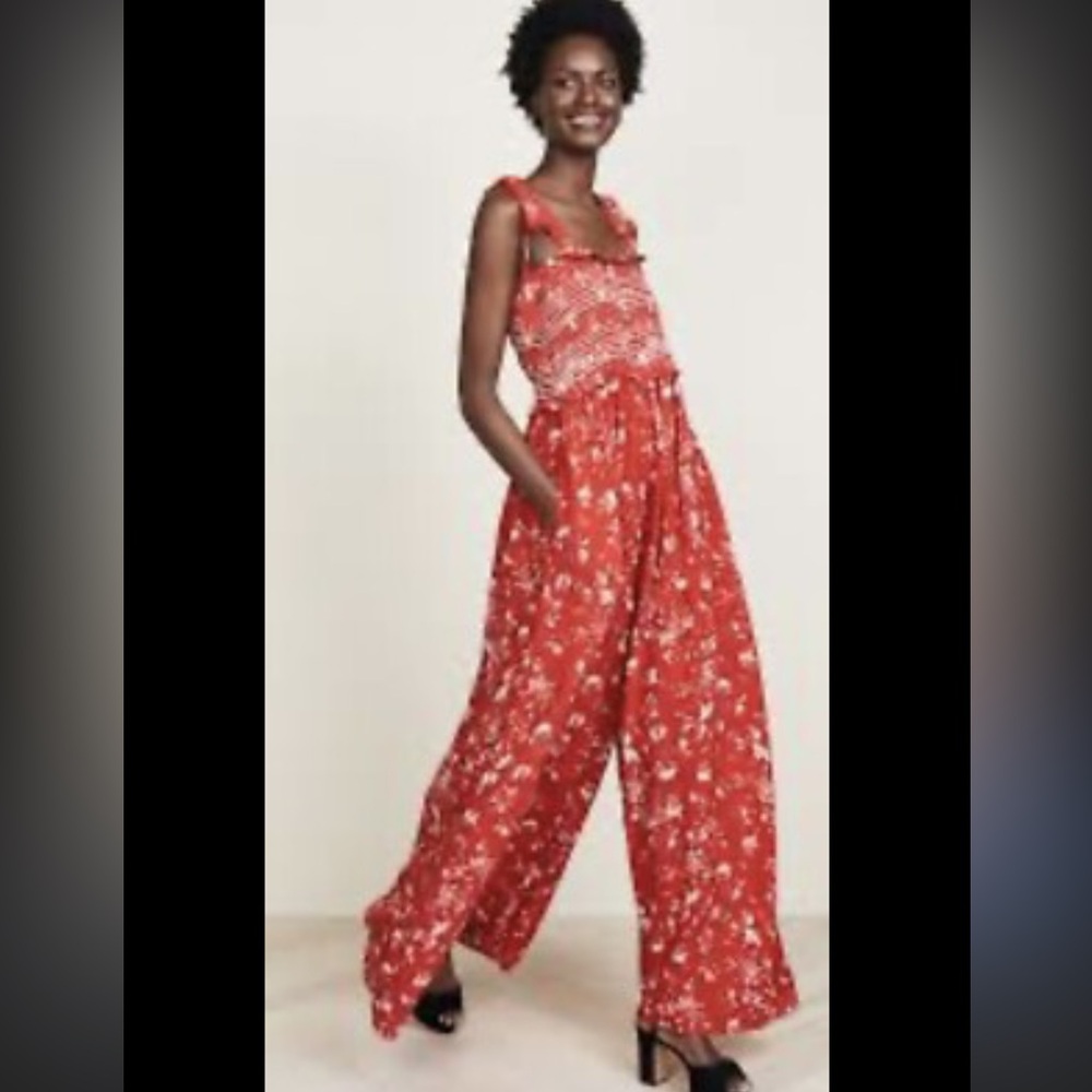 Free People Red Floral Wide Leg Jumpsuit Size S - Picture 2 of 7